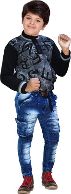AD & AV Printed Round Neck Casual Boys Black Sweater