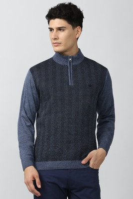 PETER ENGLAND Colorblock High Neck Casual Men Blue Sweater