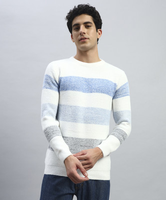 Cluzive Striped Round Neck Casual Men White Sweater