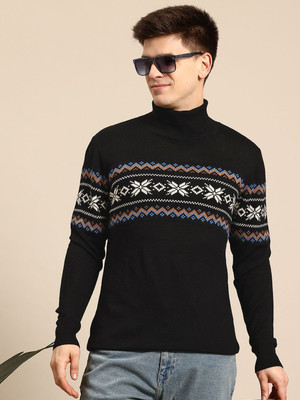Mast & Harbour Self Design Turtle Neck Casual Men Black Sweater