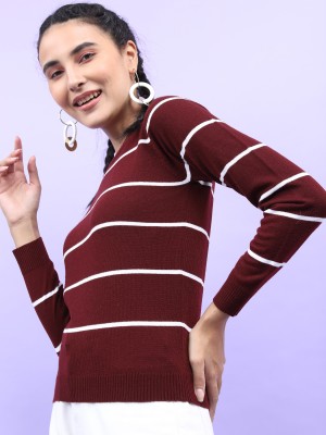 Tokyo Talkies Striped Round Neck Casual Women Maroon Sweater