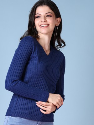 V-MART Solid V Neck Casual Women Blue Sweater