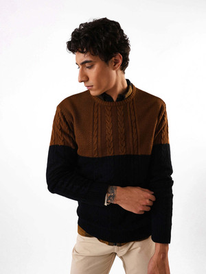 Dennis Lingo Colorblock Round Neck Casual Men Brown, Black Sweater