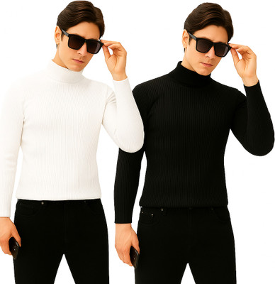 COPEHI Striped Turtle Neck Casual Men White, Black Sweater