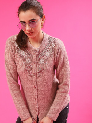 V-MART Self Design Round Neck Casual Women Pink Sweater