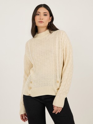 Styli Self Design High Neck Casual Women Beige Sweater