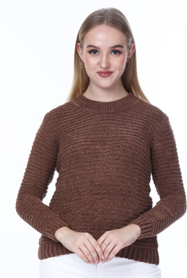 NOQUO Woven Round Neck Casual Women Brown Sweater