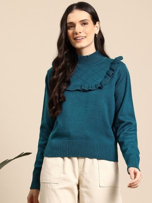 Mast & Harbour Solid Round Neck Casual Women Green Sweater