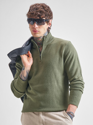 HIGHLANDER Solid High Neck Casual Men Green Sweater