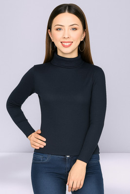 Mangeet Originals Solid High Neck Casual Women Black Sweater