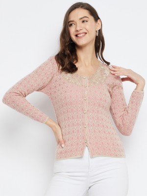 Zigo Self Design Round Neck Casual Women Pink Sweater