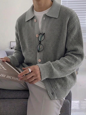 Eddicted Self Design Collared Neck Casual Men Grey Sweater