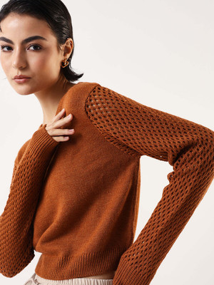 DL Woman Self Design Round Neck Casual Women Brown Sweater