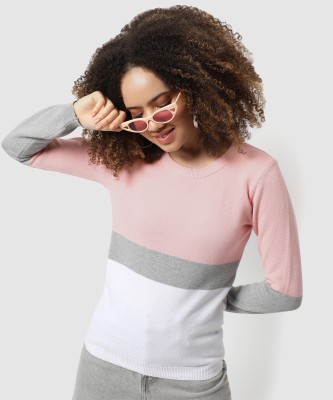 CAMPUS SUTRA Colorblock Round Neck Casual Women Pink Sweater