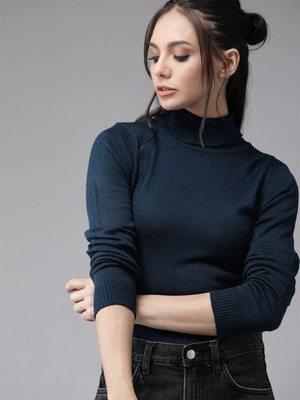 Roadster Solid Turtle Neck Casual Women Blue Sweater