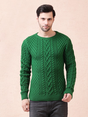 NOQUO Self Design Round Neck Casual Men Dark Green Sweater