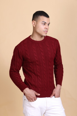 DZANT Self Design Round Neck Casual Men Maroon Sweater