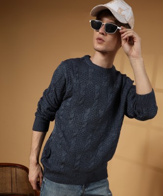 CAMPUS SUTRA Solid Crew Neck Casual Men Blue Sweater