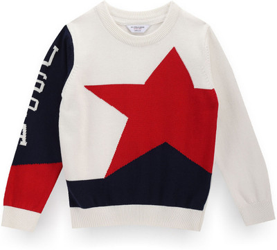 U.S. POLO ASSN. Printed Round Neck Casual Boys White Sweater