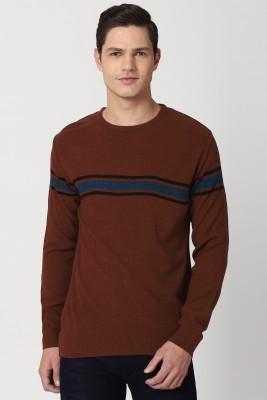 PETER ENGLAND Striped Round Neck Casual Men Red Sweater