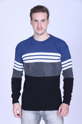 MELLOWMEN Striped Round Neck Casual Men Blue Sweater