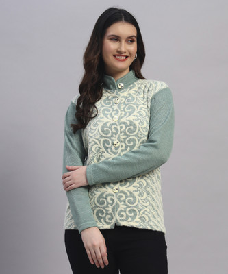 SYDNEY HILLS Printed High Neck Casual Women Light Green Sweater