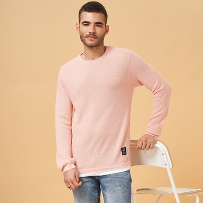 PEOPLE Self Design Round Neck Casual Men Pink Sweater