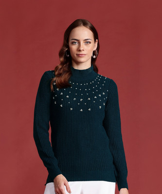 all about you Self Design Turtle Neck Casual Women Green Sweater