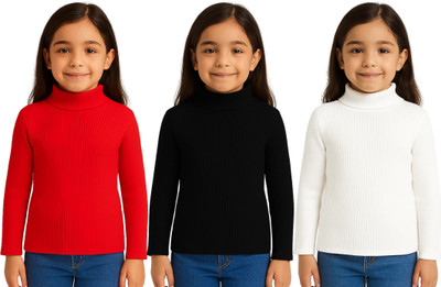 Chiclift Solid High Neck Casual Baby Girls Red, Black, White Sweater