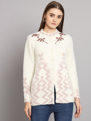 eWools Embroidered Round Neck Casual Women White Sweater