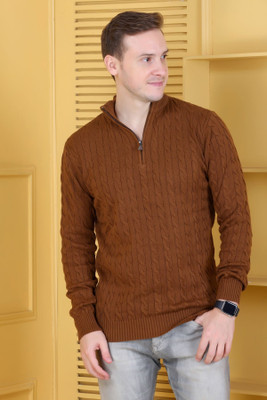 DZANT Self Design Turtle Neck Casual Men Brown Sweater