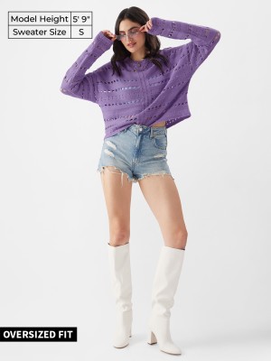 The Souled Store Self Design Round Neck Casual Women Purple Sweater