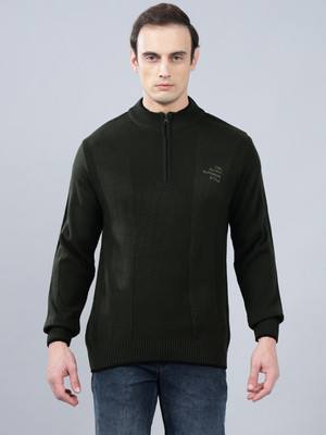 CANTABIL Self Design Mandarin Neck Casual Men Dark Green Sweater