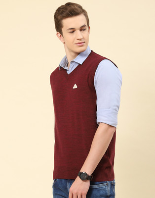 MONTE CARLO Solid V Neck Casual Men Maroon Sweater