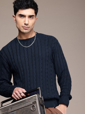 Roadster Self Design Crew Neck Casual Men Dark Blue Sweater