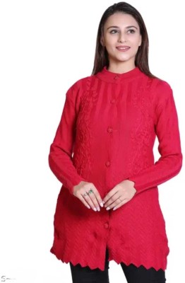 Jai Maa Chandi Fabrics Embroidered Round Neck Casual Women Pink Sweater