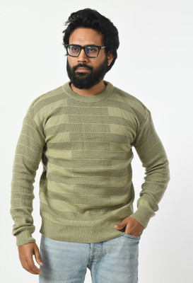 manra Striped Round Neck Casual Men Light Green Sweater