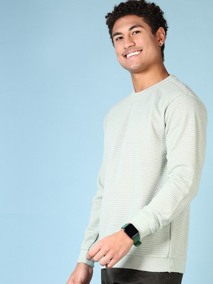 V-MART Self Design Round Neck Casual Men Green Sweater