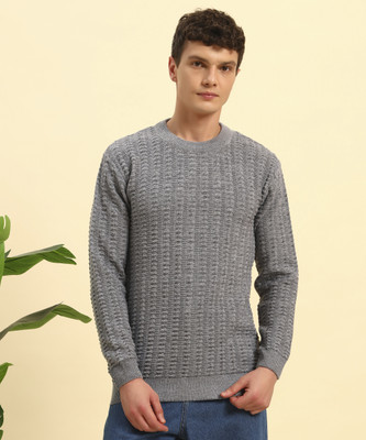 CANBLAR Self Design Round Neck Casual Men Grey Sweater