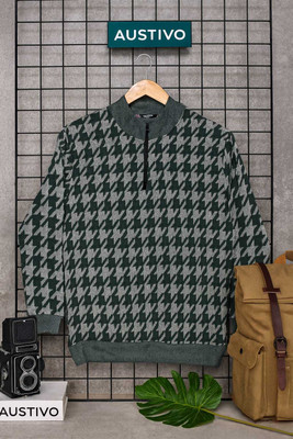 Austivo Printed Round Neck Casual Men Green Sweater