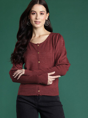 Dressberry Solid Round Neck Casual Women Maroon Sweater