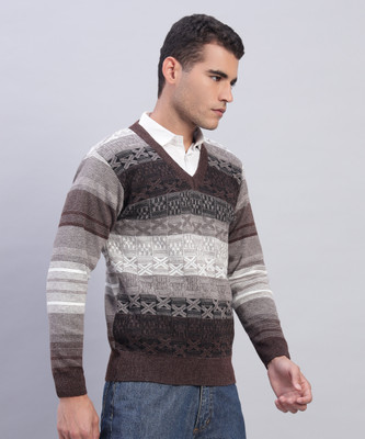 MORKEL Geometric Print V Neck Casual Men Brown Sweater