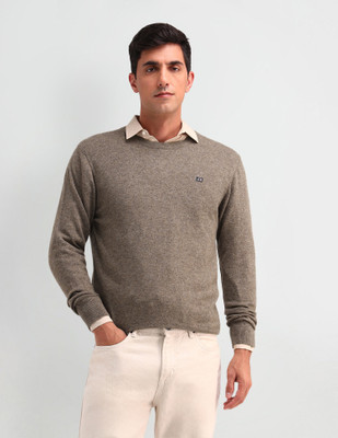 Arrow Sport Solid Round Neck Casual Men Brown Sweater