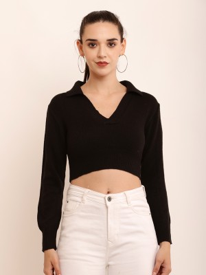 Nobarr Solid V Neck Casual Women Black Sweater