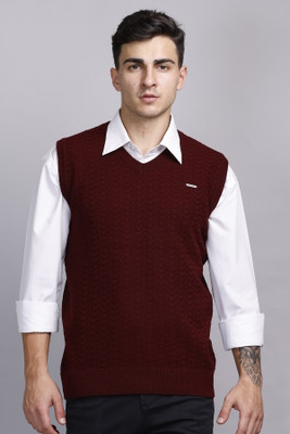 GODFREY Geometric Print V Neck Casual Men Maroon Sweater