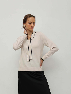 STREET9 Solid V Neck Casual Women Beige Sweater