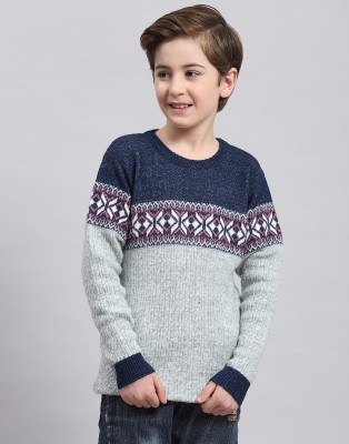 MONTE CARLO Self Design Round Neck Casual Boys Grey Sweater