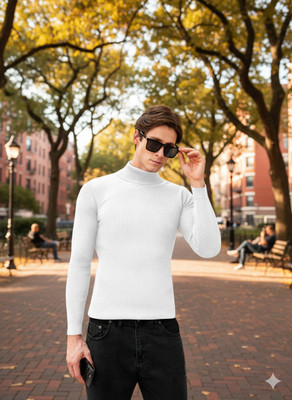 NATRIS Solid High Neck Casual Men White Sweater