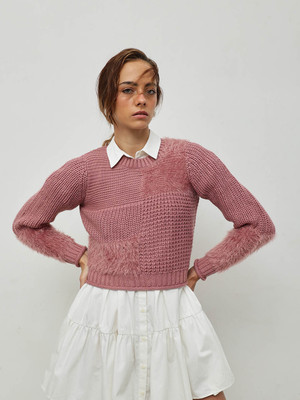 STREET9 Solid Round Neck Casual Women Pink Sweater