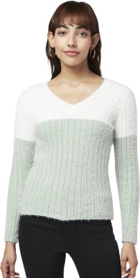 Honey By Pantaloons Colorblock V Neck Casual Women Green Sweater